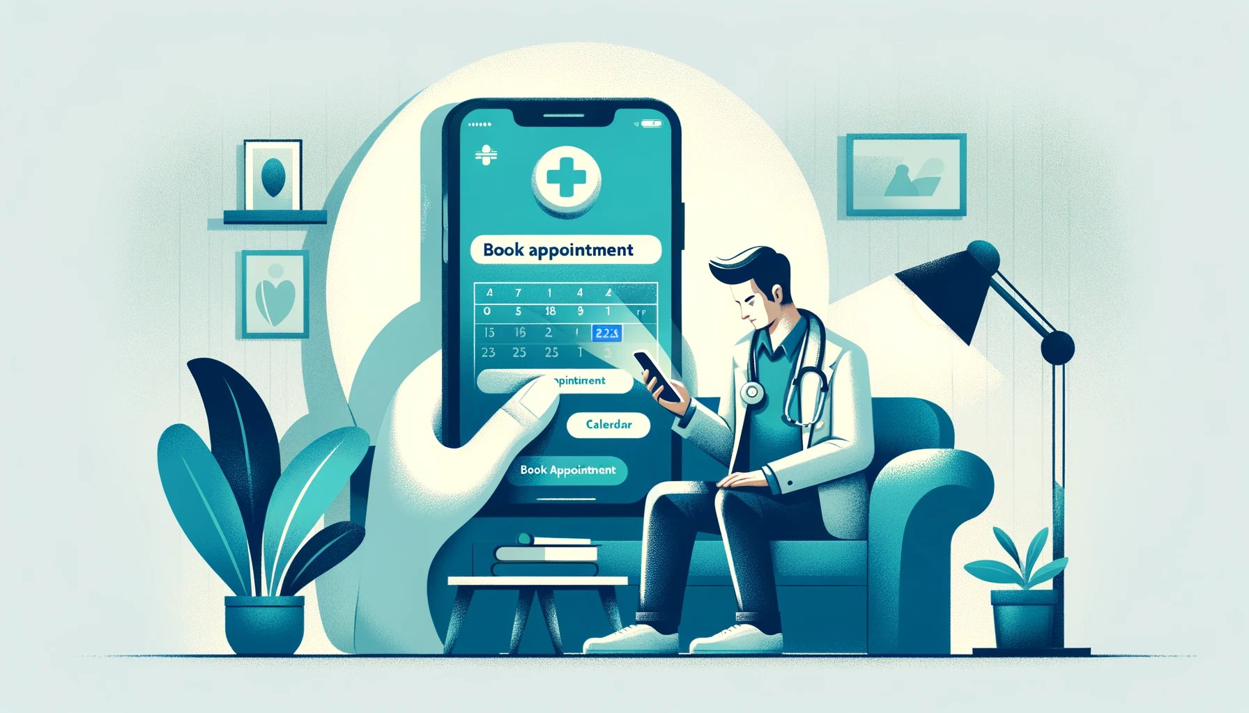 DALL·E 2024-02-29 20.10.59 - Create an illustration of a patient holding a smartphone, engaged in setting an appointment through a healthcare app. The patient should look focused 